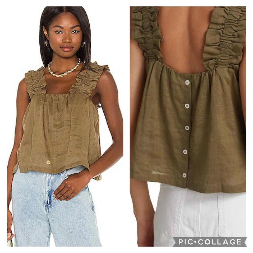 Frame Denim ruffle strap ramie Olive Button-Down Top small euc